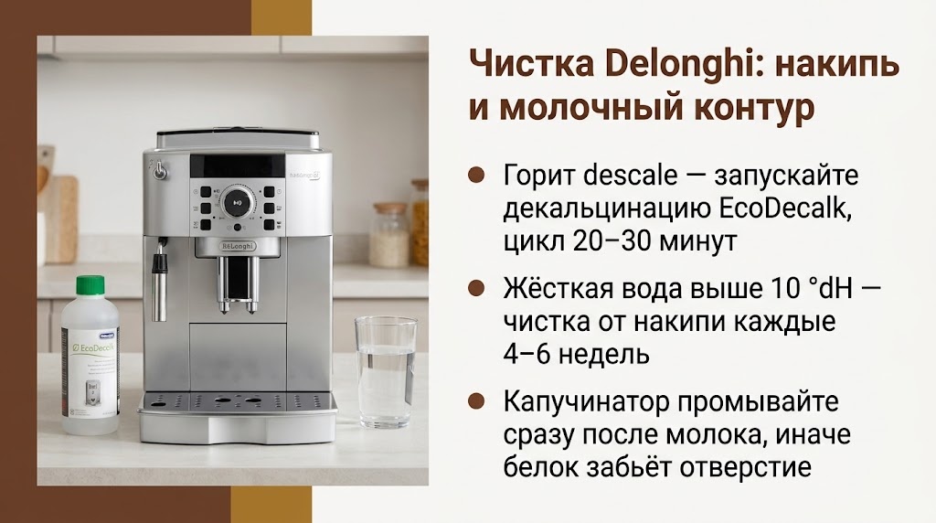 Чистка Delonghi: накипь и молочный контур