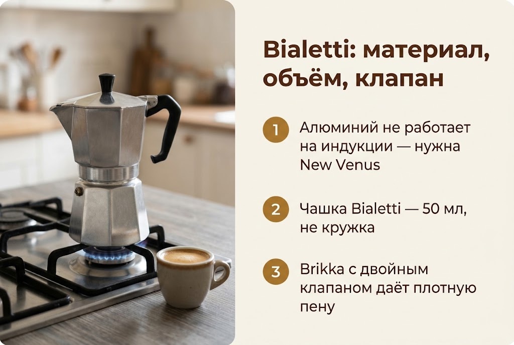 Bialetti: материал, объём, клапан