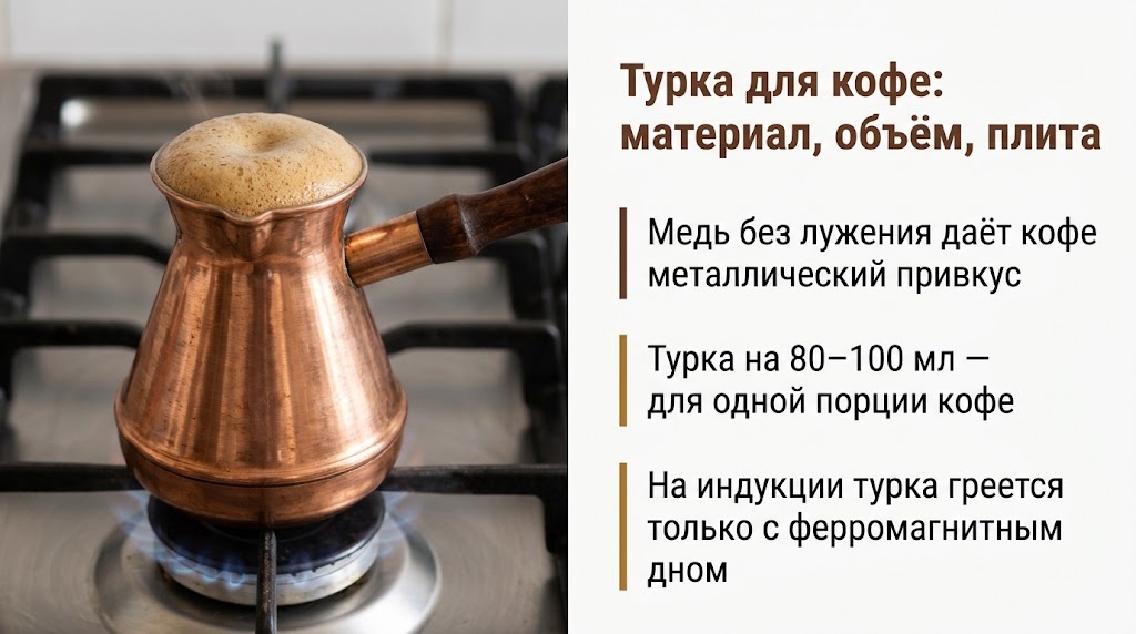 Турка для кофе: материал, объём, плита